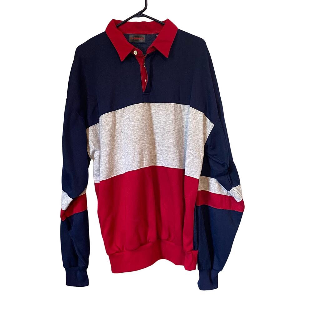 McGregor XL Long Sleeve Rugby Shirt Long Sleeve Top Polo Red Gray Blue Stripe
